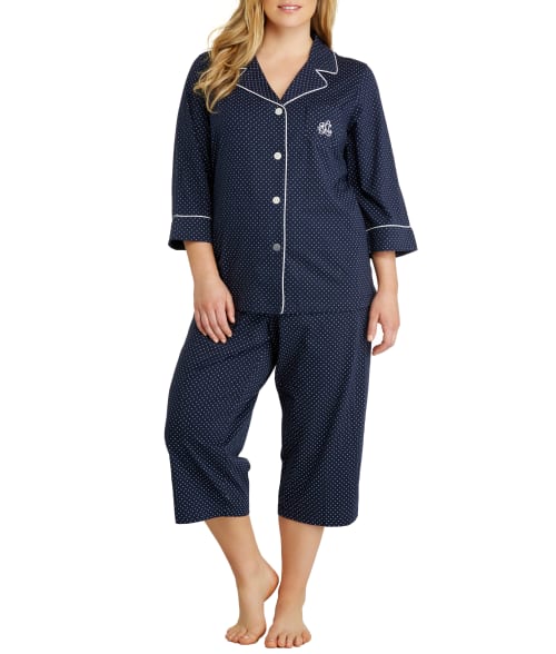 Lauren Ralph Lauren Plus Size Heritage Essential Knit Capri Pajama Set In Navy Dots